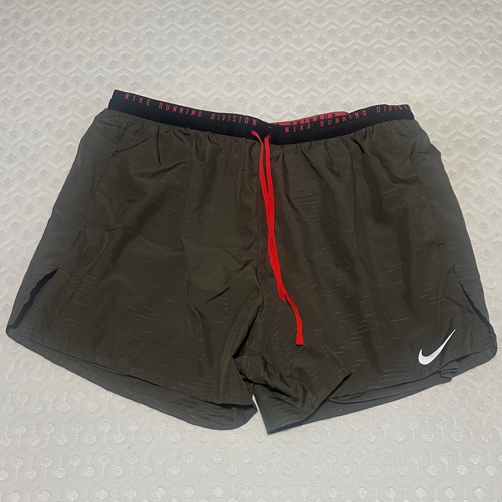 Nike Men's Olive Athletic Shorts with Red Accents